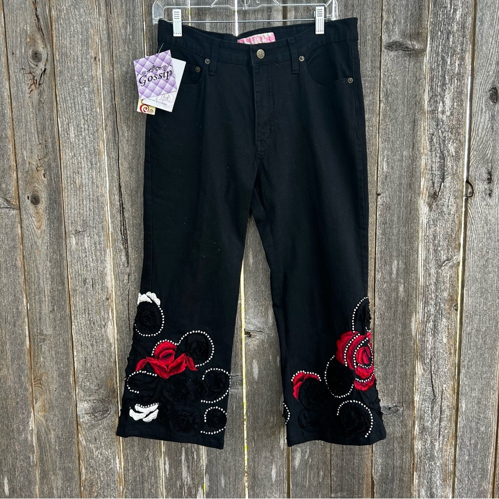 NWT Sassy Thai Women's Black Jeans with Red Embroidery Size 10
